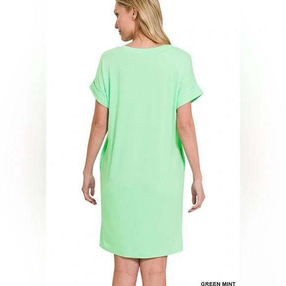 Zenana Sand Beige Short Cuffed Sleeves and Functional Pockets Tee Shirt Dress - Picture 4 of 5